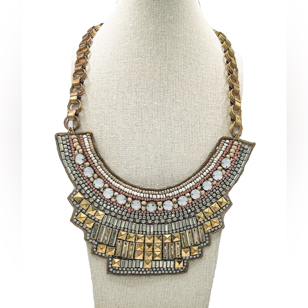Egyptian Revival Artisan Bib Necklace - 24" Long Cleopatra Statement Collar